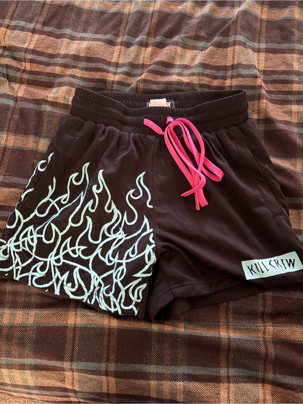 Kill Crew Black Shorts with Mint Flame Print and Pink Drawstring